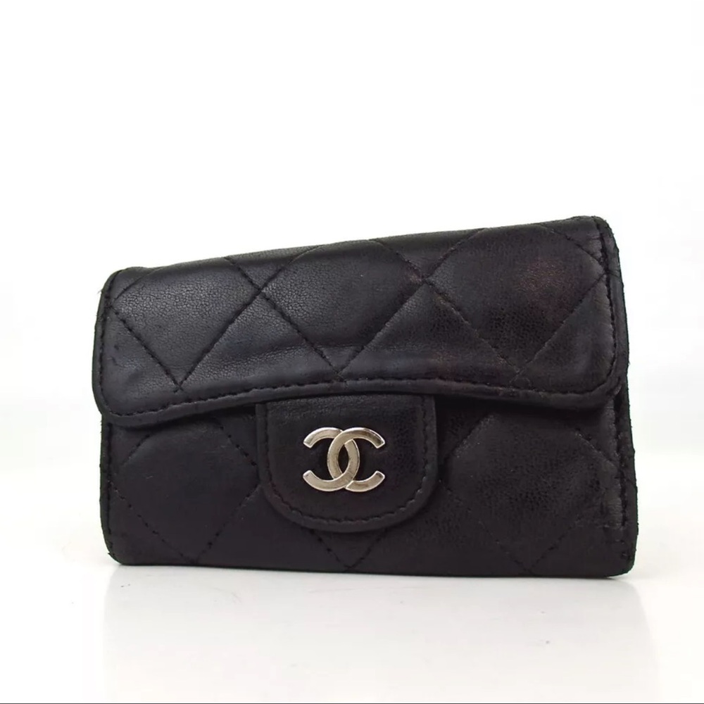 AUTH Chanel Key Holder Card Case Black Lambskin